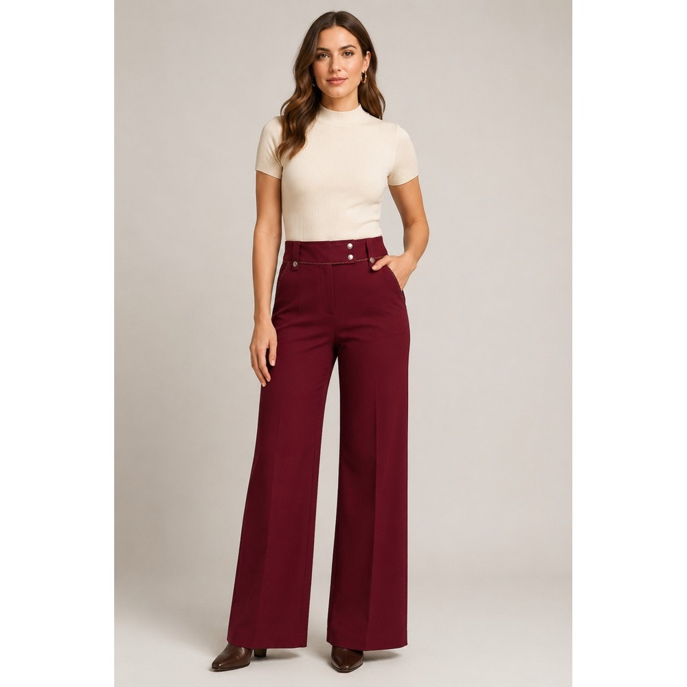 Larry Levine Wide Leg Career Wear Pants Womens 14 Red Polyester Rayon Satin Trim